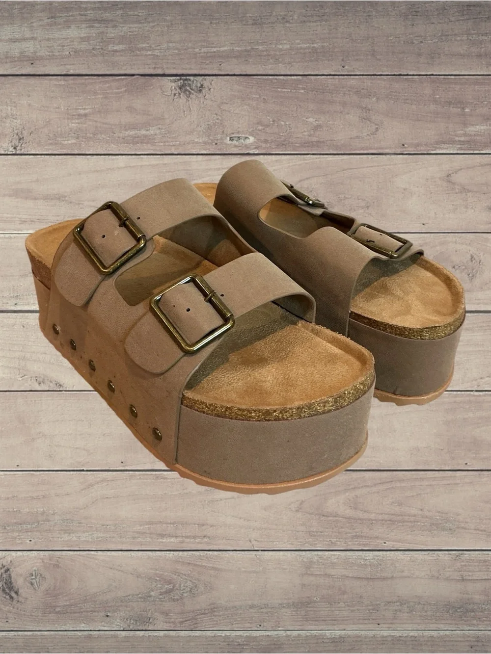 BAMBOO  Blowout TAN Platform Double Buckle Slide Sandals